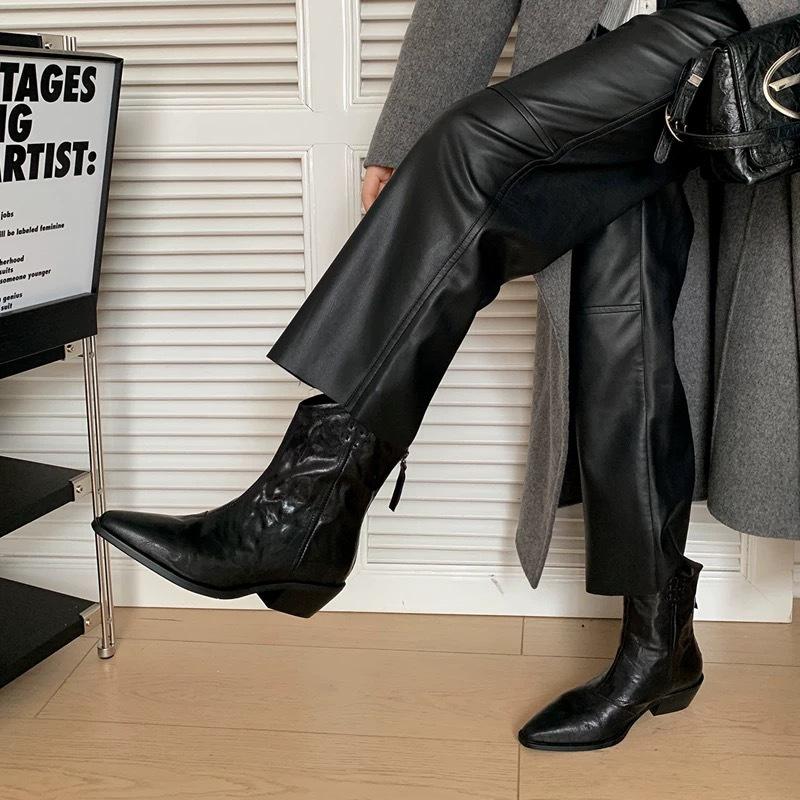 Women's Pointed Toe Retro Chunky Heel Cowboy Boots Fashion Autumn Winter Work Shoes Ruffle Comfortable Western Ankle Boots Women