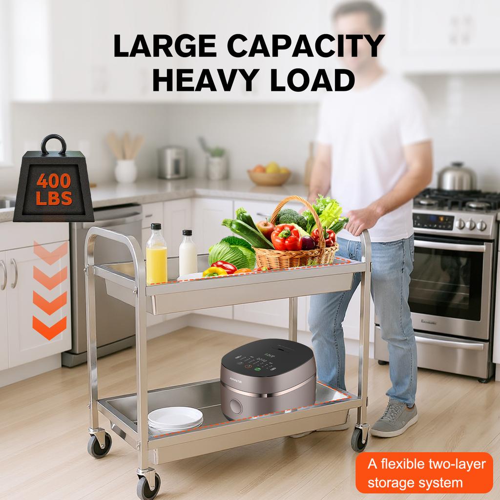 Stainless Steel Utility Cart with Wheels Dining Cart Food Storage Service Trolley for Kitchen Restaurant Hospital Lab and Hotel