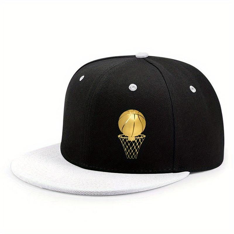 Gold Basketball Hoop Logo Flat Brim Snapback Hat Polyester Adult Unisex Outdoor Casual Cap