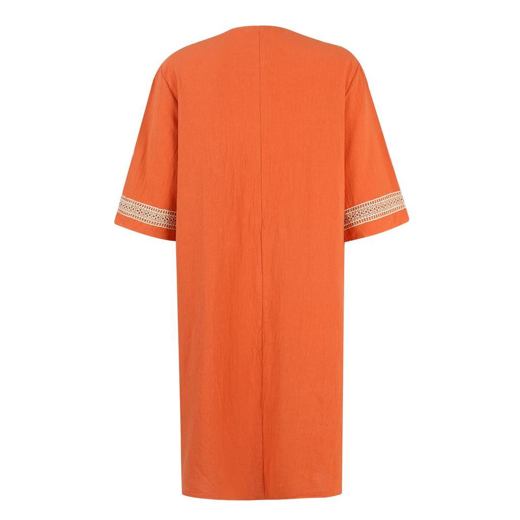 Women's Solid Color V-Neck Lace Medium Sleeved Cotton Linen Casual Dress