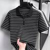 Half zipper for easy on and off: Summer long staple cotton men's striped business casual polo shirt