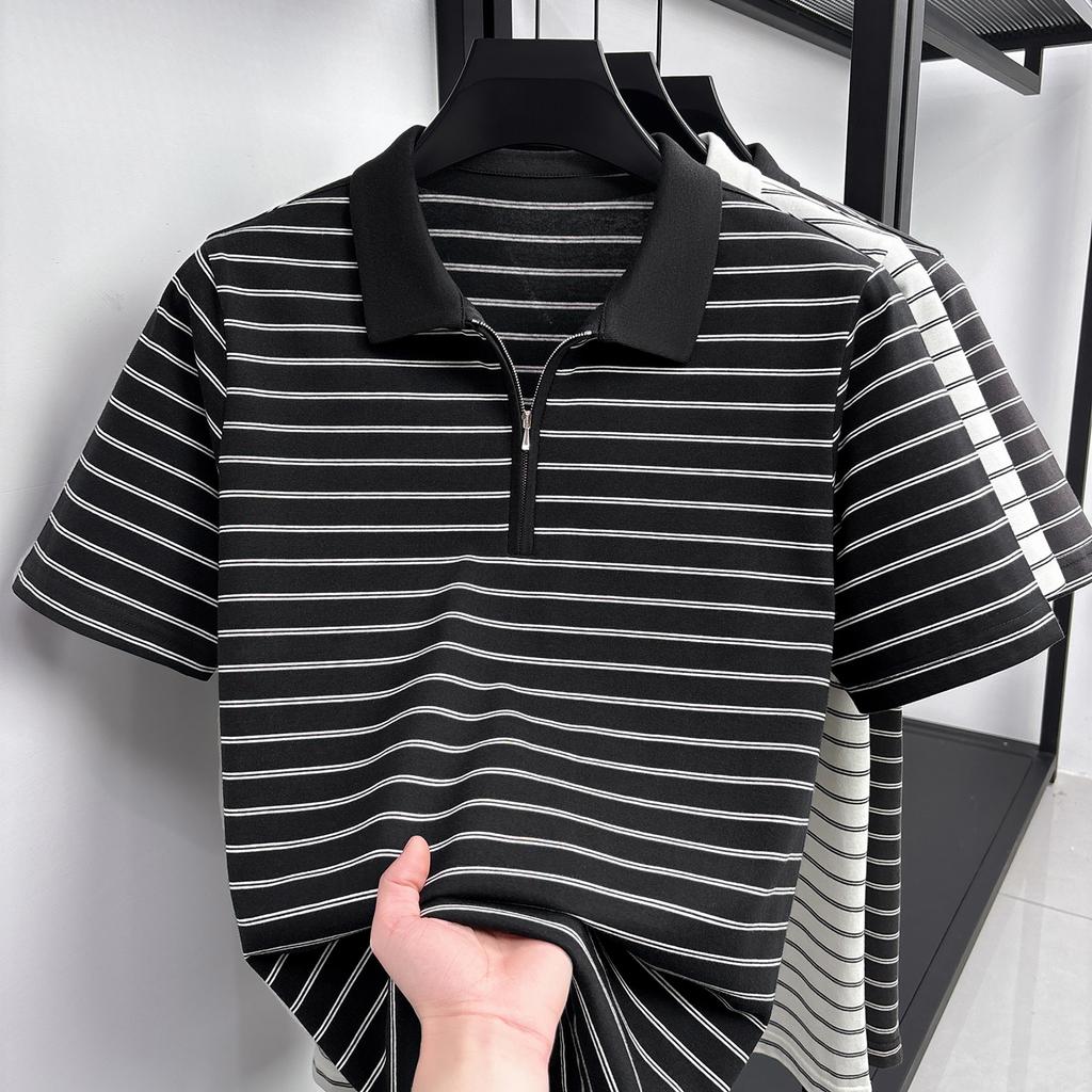 Half zipper for easy on and off: Summer long staple cotton men's striped business casual polo shirt