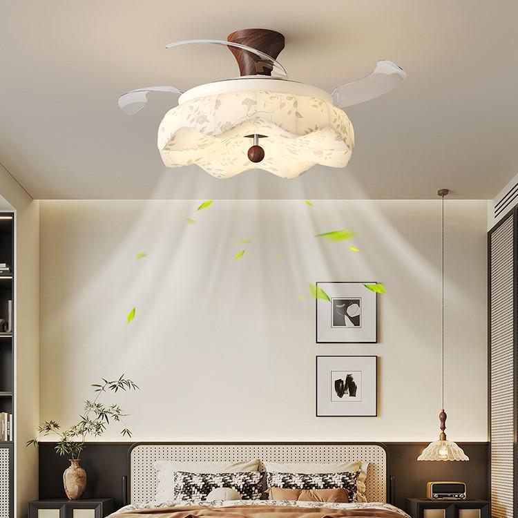 Vintage Song-Style Ceiling Fan Light with Printed Fabric Shade for Bedroom and Dining Room