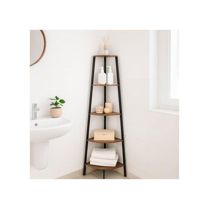 Étagère d'angle - AKTIVE - 30x30x135 cm - 5 niveaux - Acier et bois - Montage facile - Style industriel - Capacité 15 kg