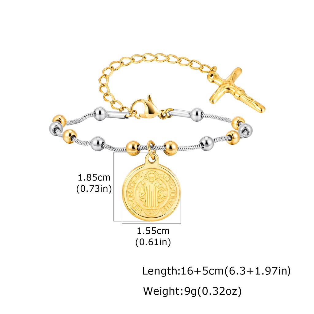 Edelstahl St. Benediktusmedaille Perlenkettenarmband Vergoldet Religiöses Kreuz Katholischer Schmuck Anlaufgeschützt Taufe Geschenk