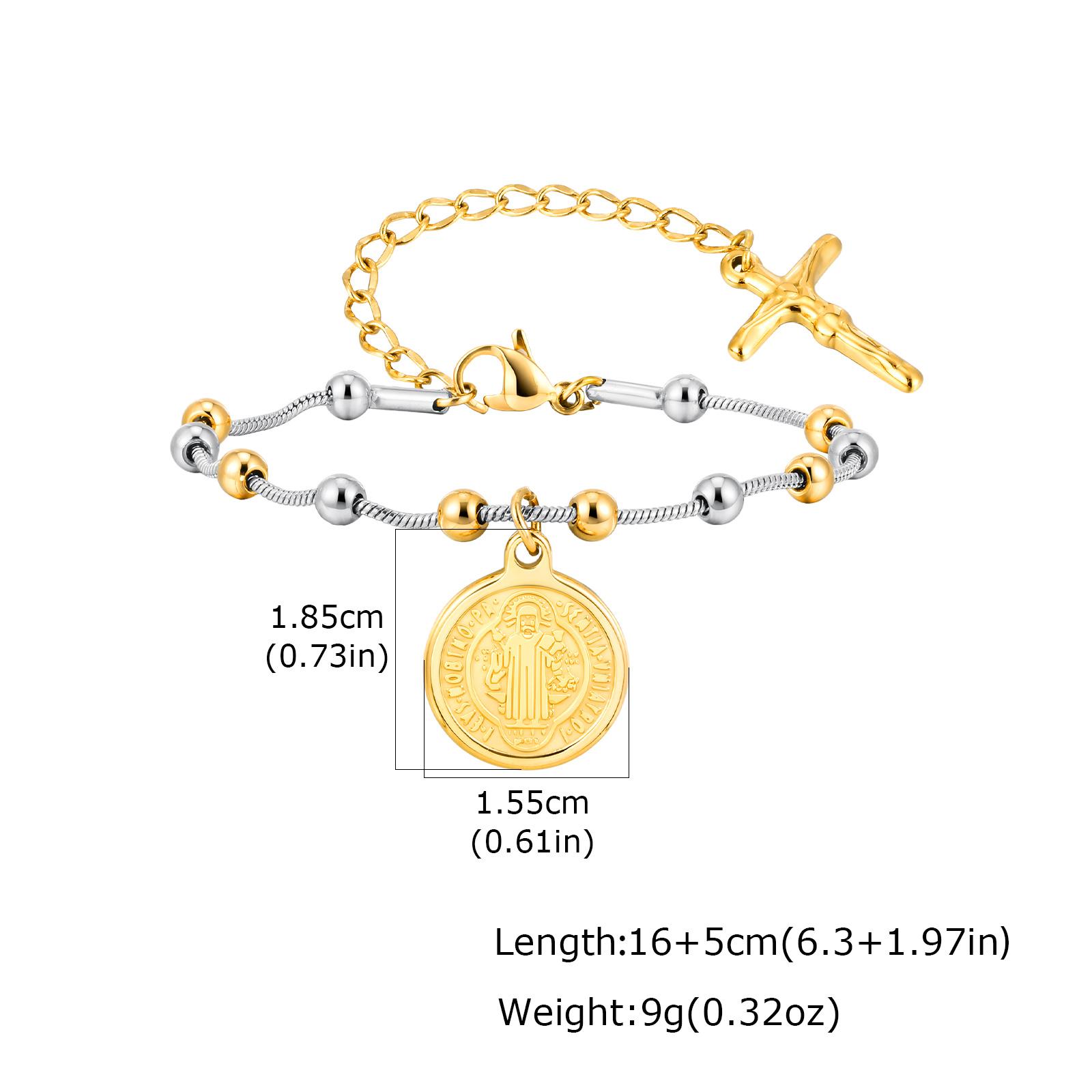 

Stainless Steel St. Benedict Medal Beaded Chain Bracelet Gold Plated Religious Cross Catholic Jewelry Non Tarnish Baptism Gift