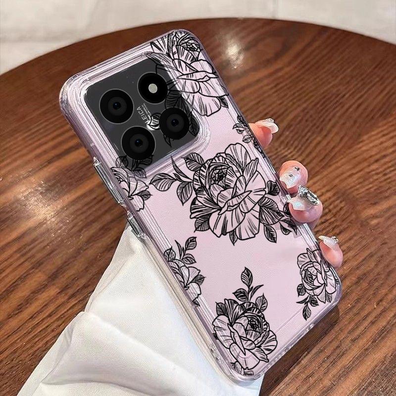 Black Line Floral Pattern Case For Xiaomi Redmi Note 15 Pro 4G Funda Redmi Note 14 13 Pro 5G Clear TPU Silicone Soft Cover