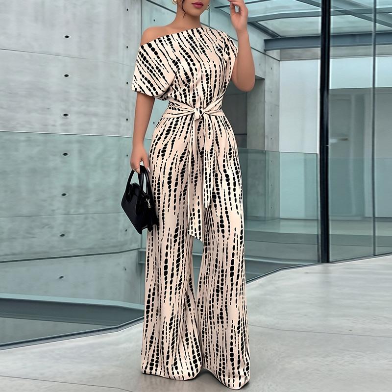 Spring New Women's Clothing: European and American Jumpsuits, High-Waisted Wide-Leg Asymmetrical Strap Jumpsuit for Commuting