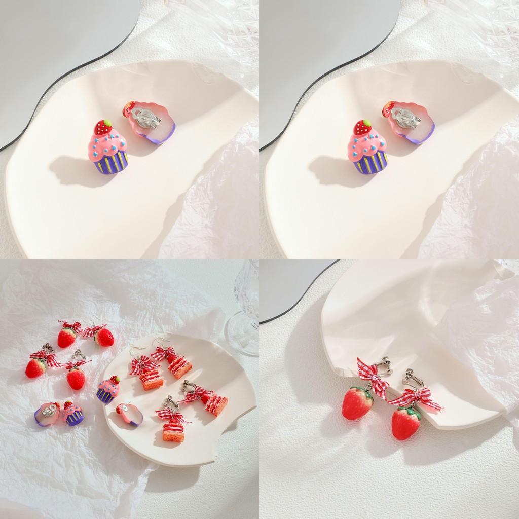 Erdbeerkuchen Ohrringe Entzückende Mädchen Süßes Schleifendesign Nicht durchgestochene Ohrclips