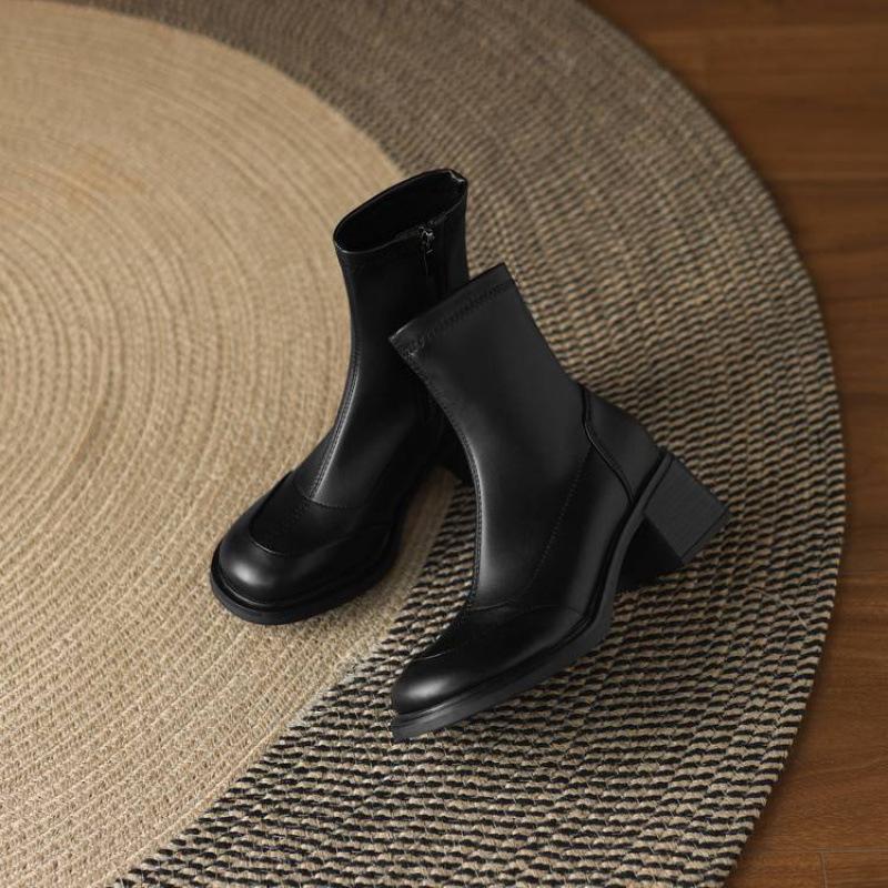 Autumn and Winter Leather High Heel Knight Boots Women's Rubber Sole Square Heel Round Head Korean Comfortable Side Zipper Women's Medium Boots