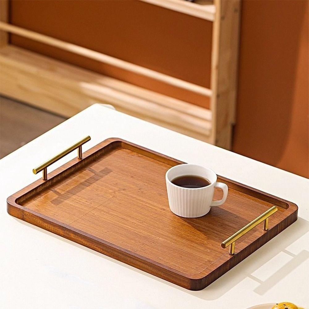 Rectangular Wood Serving Tray Metal Handles Breakfast Bread Plate Decorative Tray  Hotel