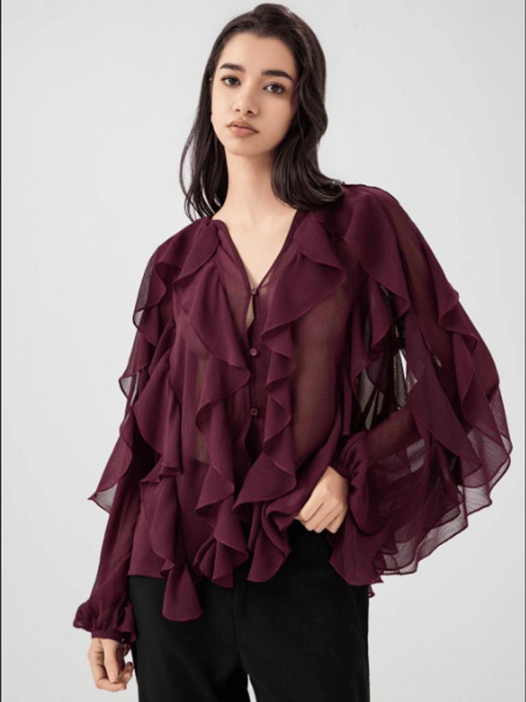 European and American V-Neck Layered Long-Sleeve Women's Spring/Summer Pullover Shirt