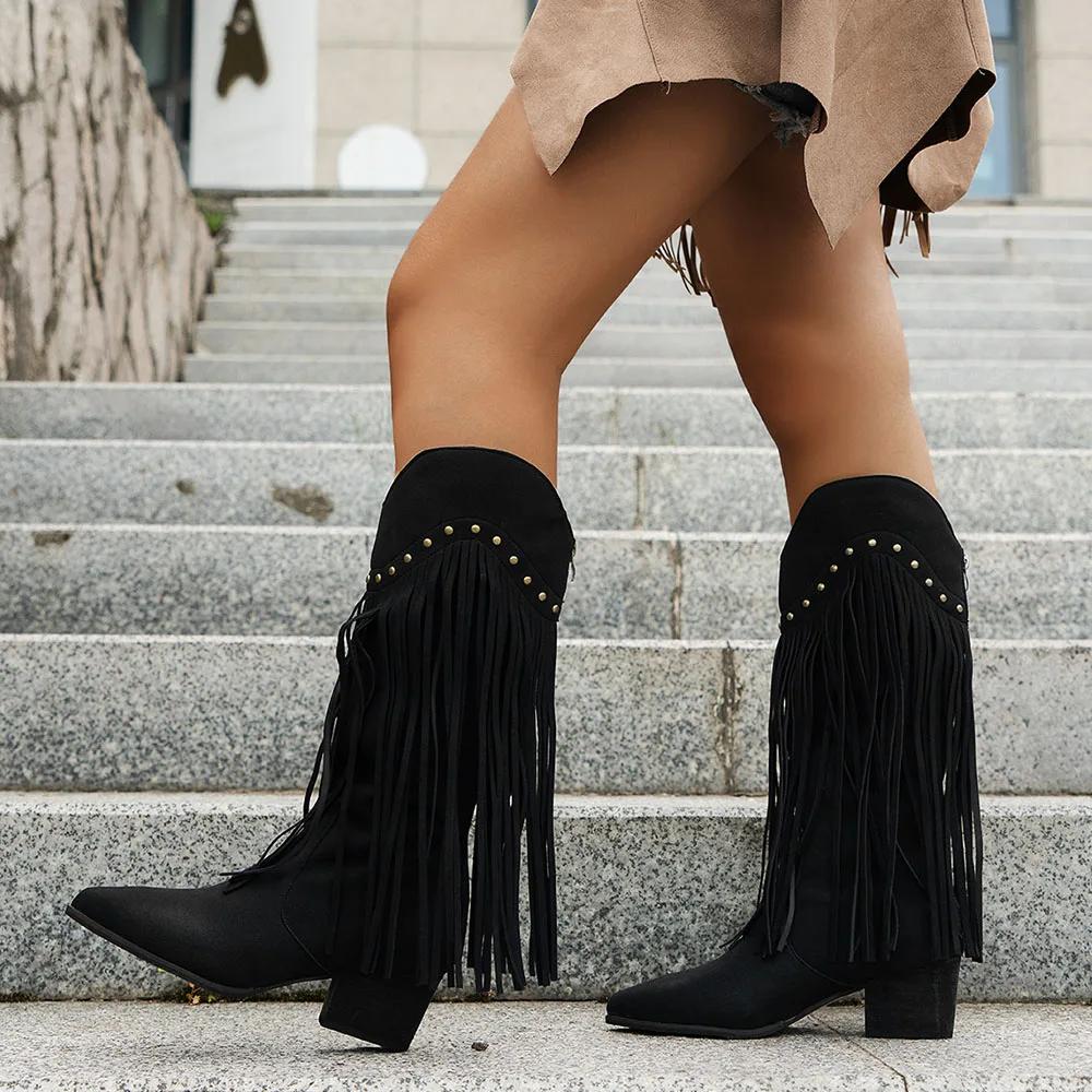 Women's Fringed Cowgirl Boots Concert Western Boot 2025 Spring Summer Vintage Cowboy Boots for Women Pointed Toe Mid-calf Boots