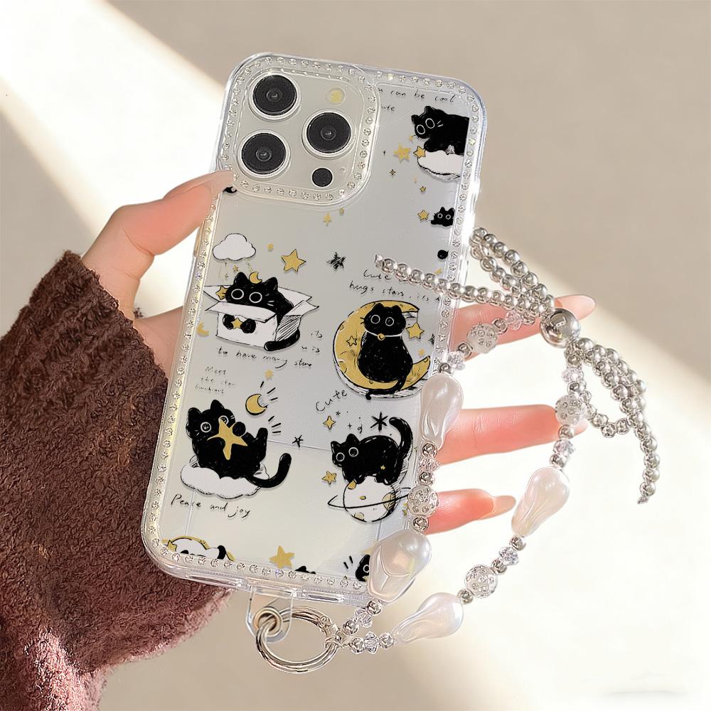 Bracelet Chain Phone Case For iPhone 17 16 15 13 14 for 17Air 17 12 14 16 Pro 17 14 16 Pro Max Sparking Diamond Cute Pattern Hard Cover With Lanyard