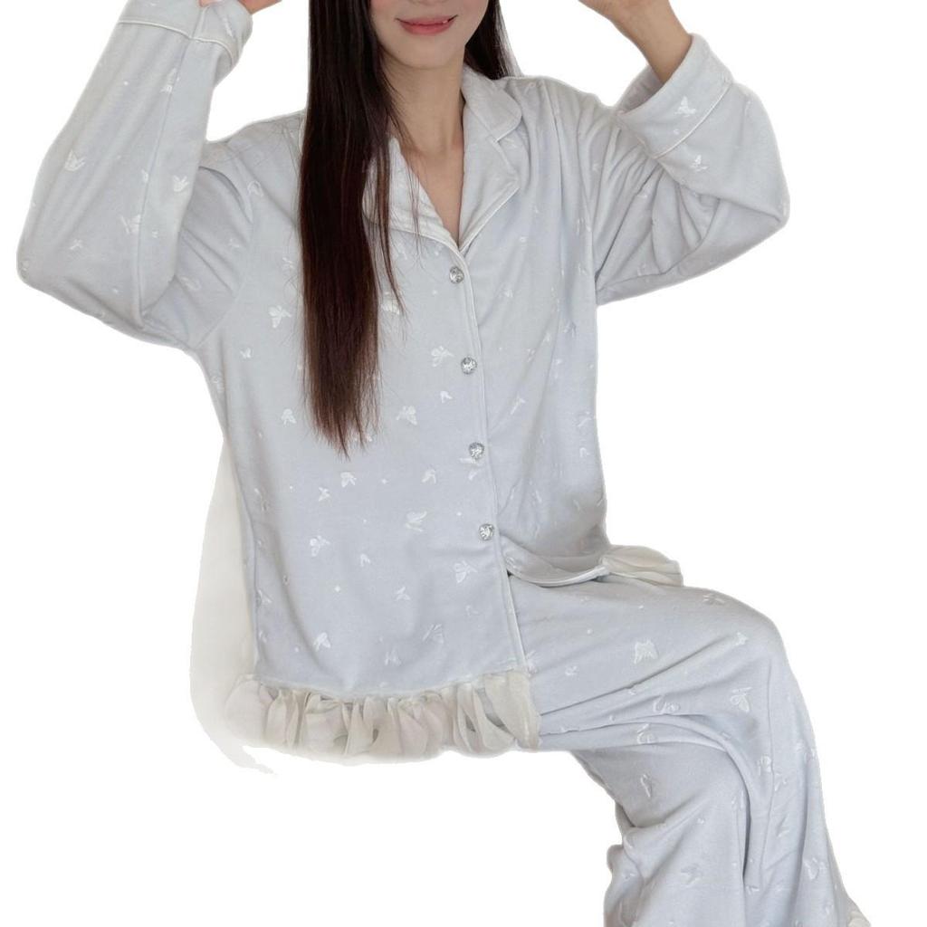 New Autumn Embossed Butterfly Pajama Set - Women's Double-Sided Fleece, Korean Style