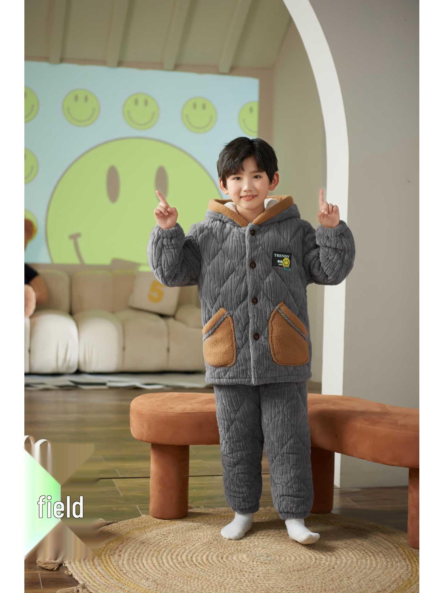 Winter Coral Fleece Quilted Pajamas Set for Boys - Thick, Warm, and Cozy Sleepwear for Kids Size 14