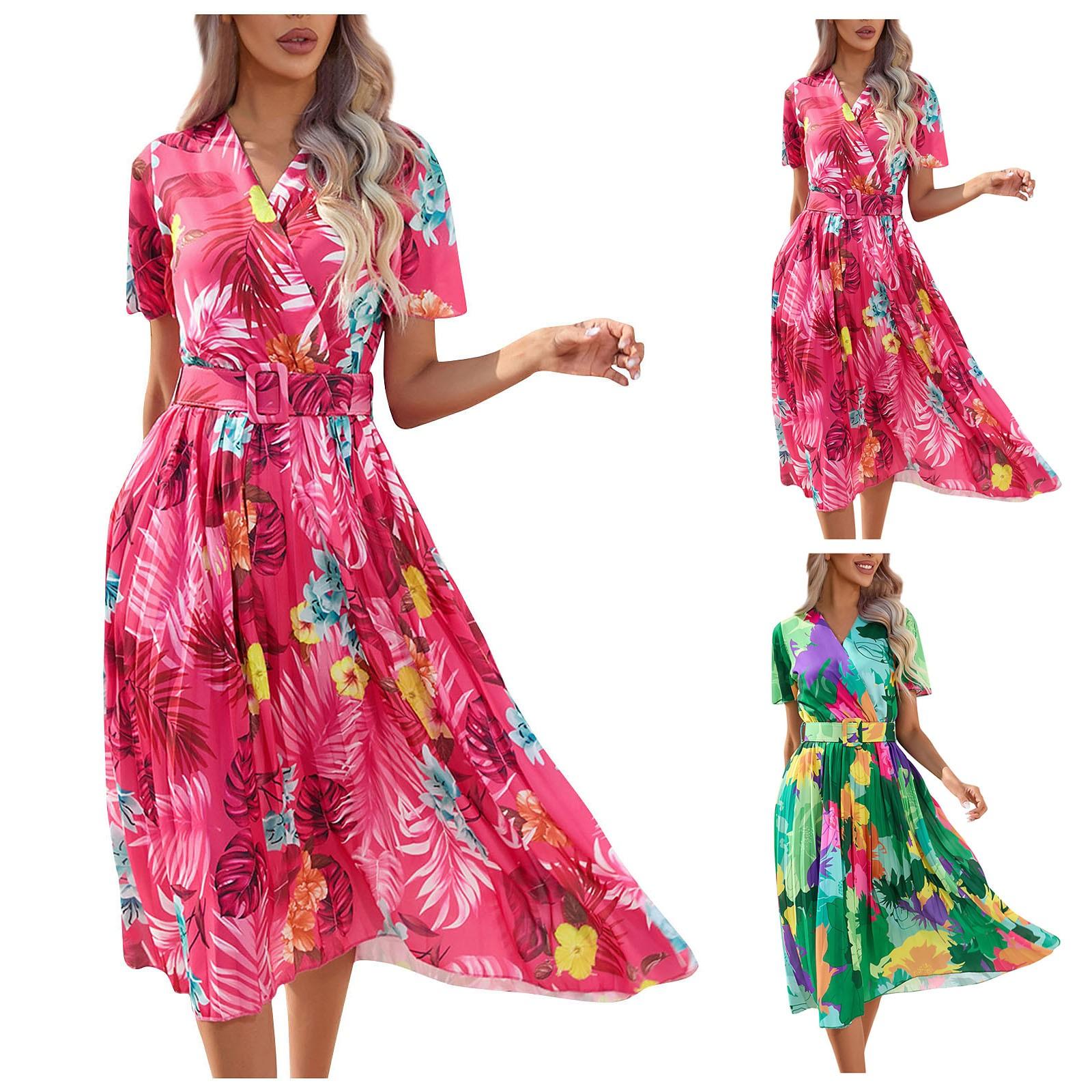 

(Qunide) Ladies Summer Floral Print Crumpled Short Sleeve Dress