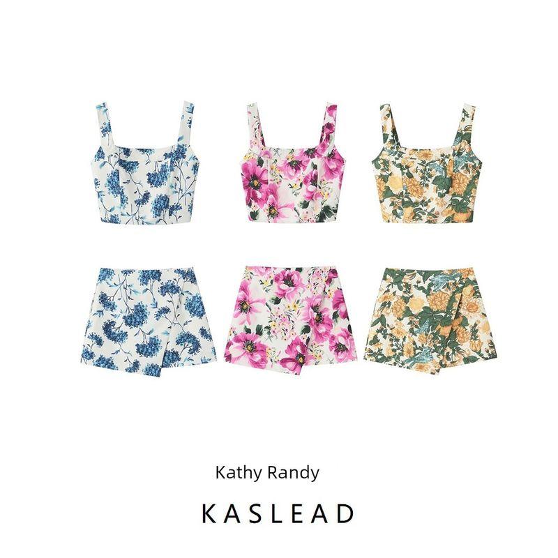 Kaslead New Arrival Women's Clothing Fashion Style Fashion Print Spaghetti-Strap Camisole Top Casual Pantskirt