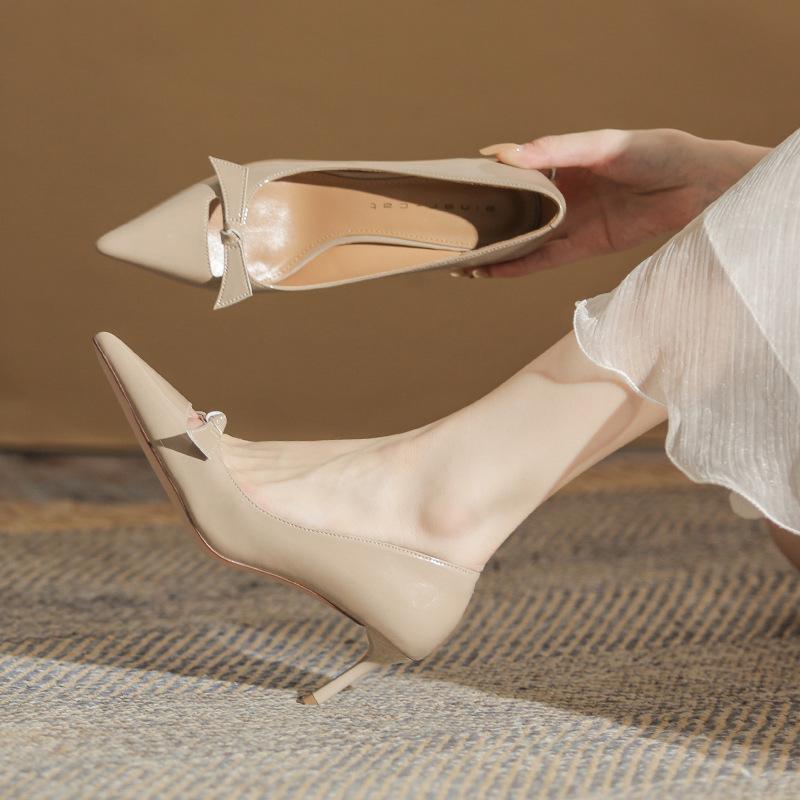 62603 [sheepskin] High Heels Women's Thin Heels 2025 New Pointed Patent Leather Light Mouth Bow Single Shoes