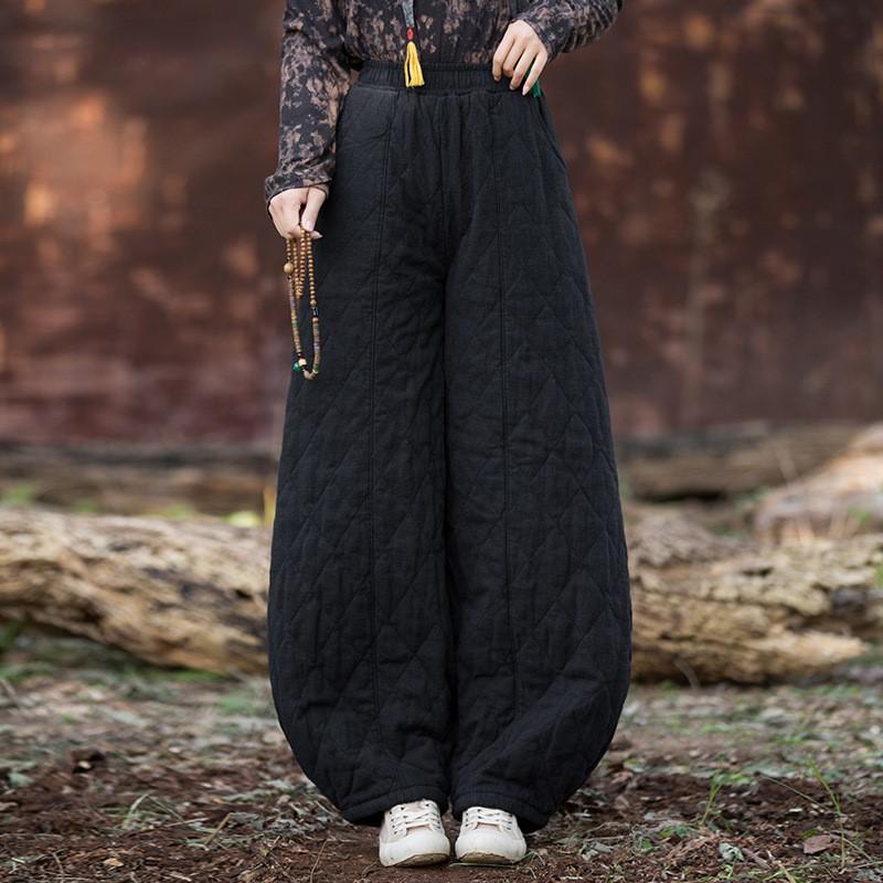 Johnature Women Vintage Winter Warm Bloomers Pants Solid Color Elastic Waist Trousers Loose Pocket Pants