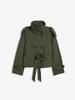 Women's Short Trench Coat with High Collar, Blue Denim Jeans, and Brown Crossbody Bag, Casual Chic Outfit