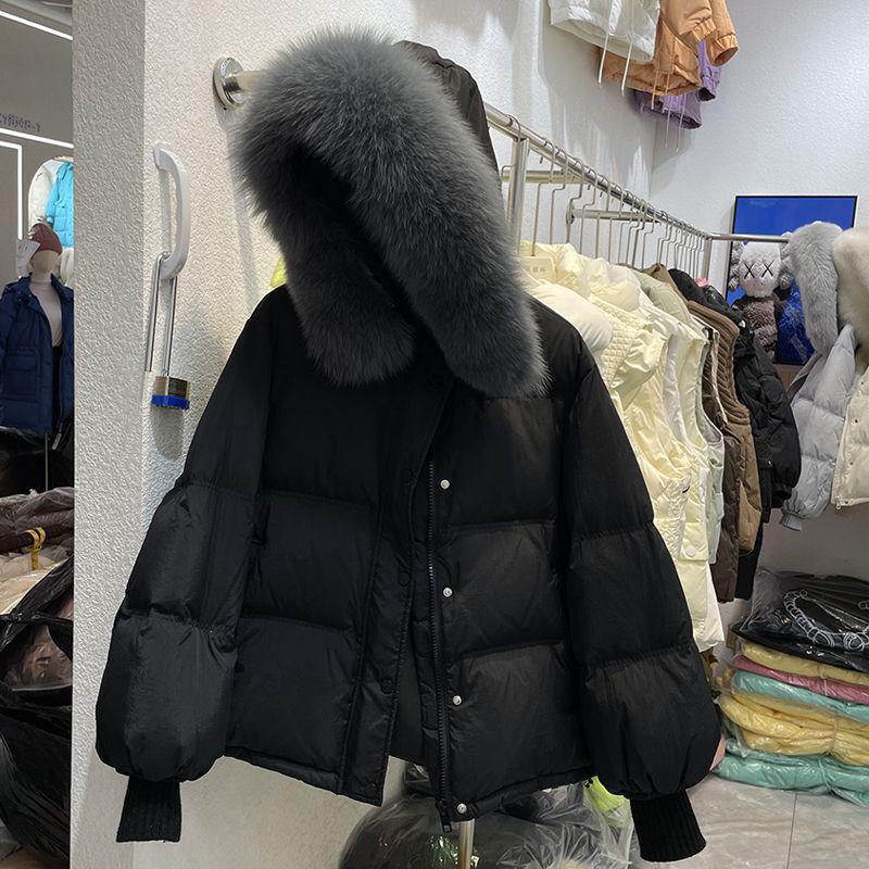 2024 Winter Women's Loose Fit Fur Collar Down Jacket with Knitted Sleeves - Petite Size