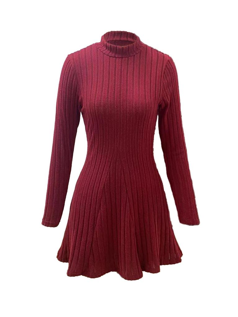 2025 Autumn/Winter European & American Women's Slimming Ribbed Dress: A-line, Half-high Collar, Long-sleeved