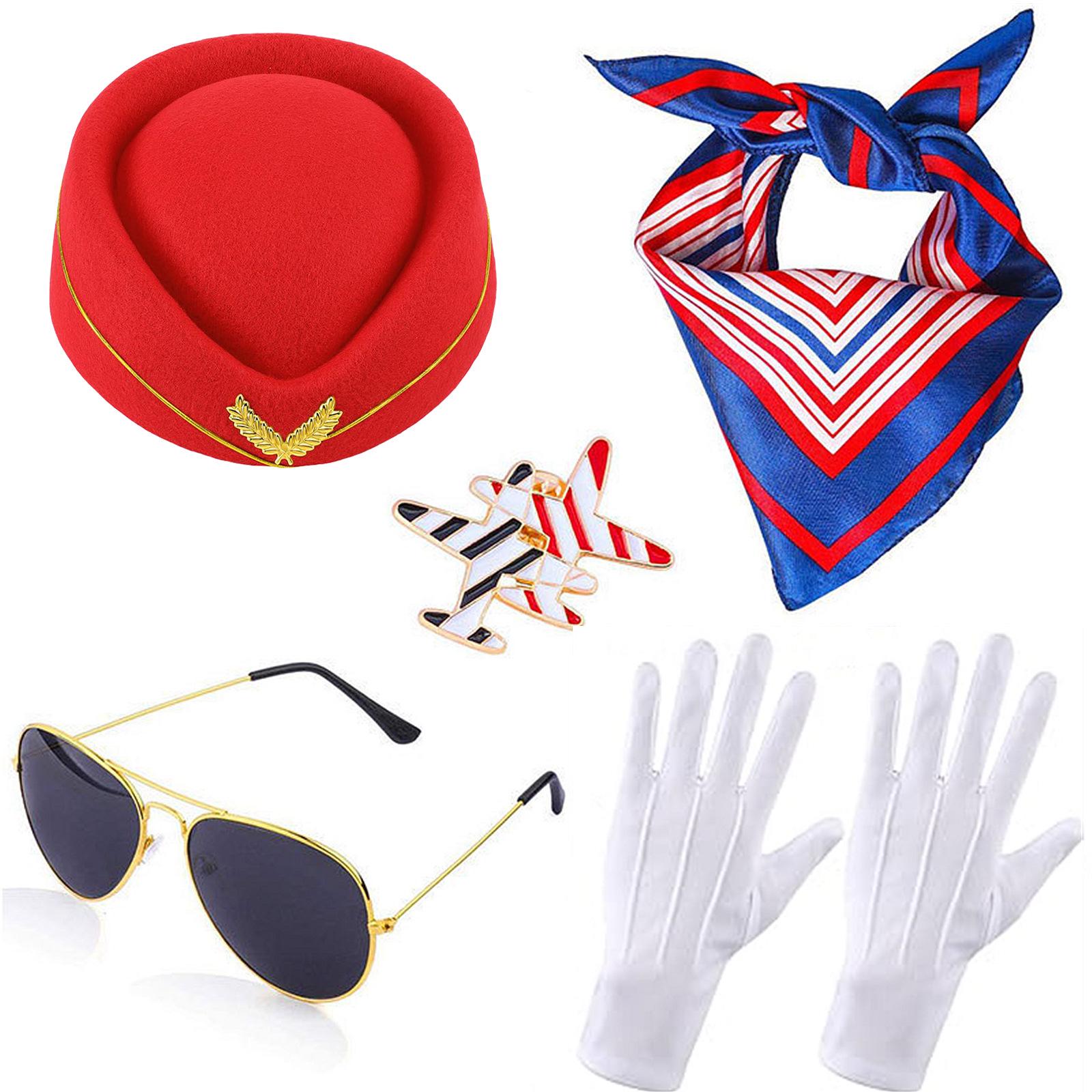 

Captain Flight Attendant Costume Set: Hat, Gloves, Scarf, Sunglasses for Role-Playing and Cosplay Party. One Size