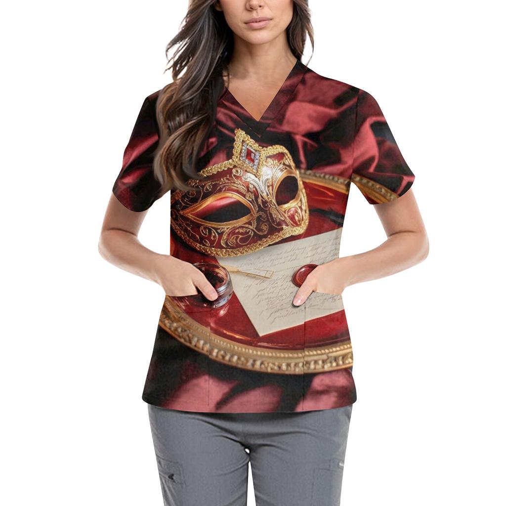Women's  Carnival Themed Outfit Party Mask Pattern Caregiver Top