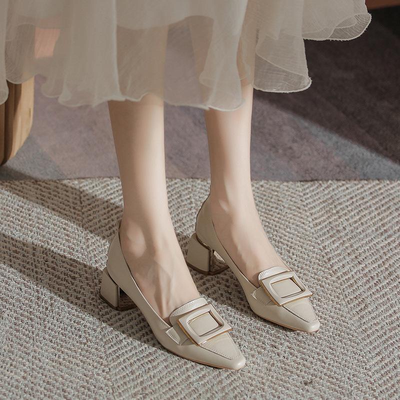 

Туфли на высоком каблуке с квадратной головкой, женские, новые, осенние, на среднем толстом каблуке, мягкие кожаные туфли, женские туфли 39