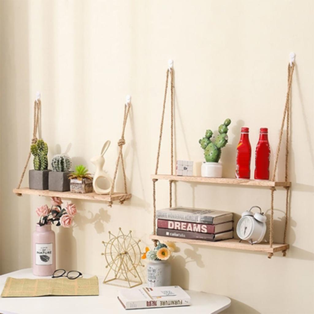 Wooden Floating Shelves for Wall Plant Flower Wood Swing Hanging Rope Storage Home Living Room Decor