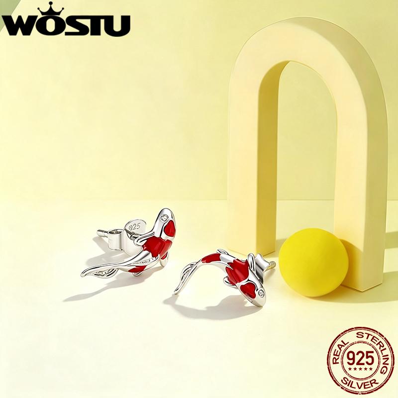 WOSTU 925 Sterling Silver Lucky KOI Fish Open Ring Red Fish Tail Stud Earrings Unique Birthday Jewelry Gift For mom Lover Girl