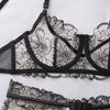 Women's Sexy French Thin Lingerie Set Floral Embroidery Sheer Mesh Push-Up Underwire Shapewear Lingerie Set