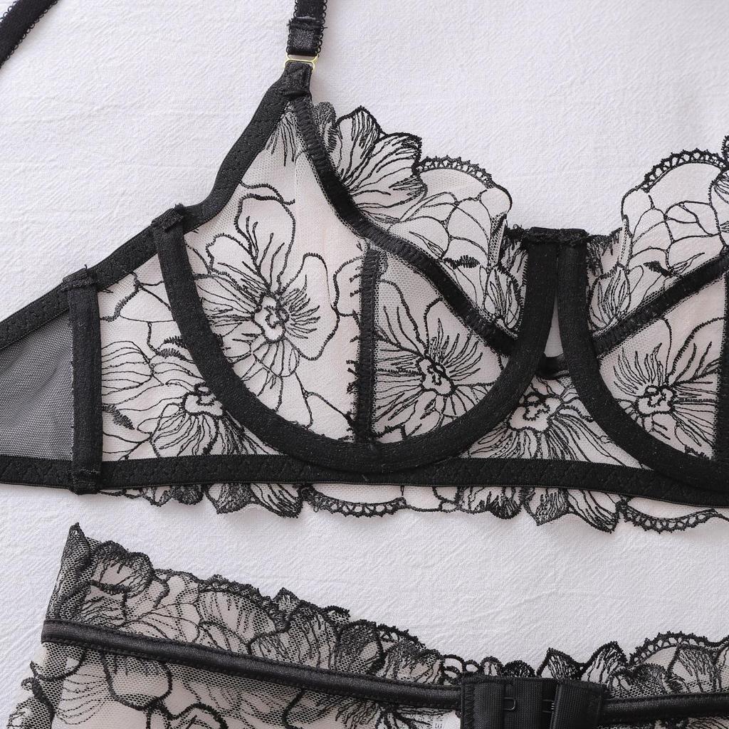 Women's Sexy French Thin Lingerie Set Floral Embroidery Sheer Mesh Push-Up Underwire Shapewear Lingerie Set