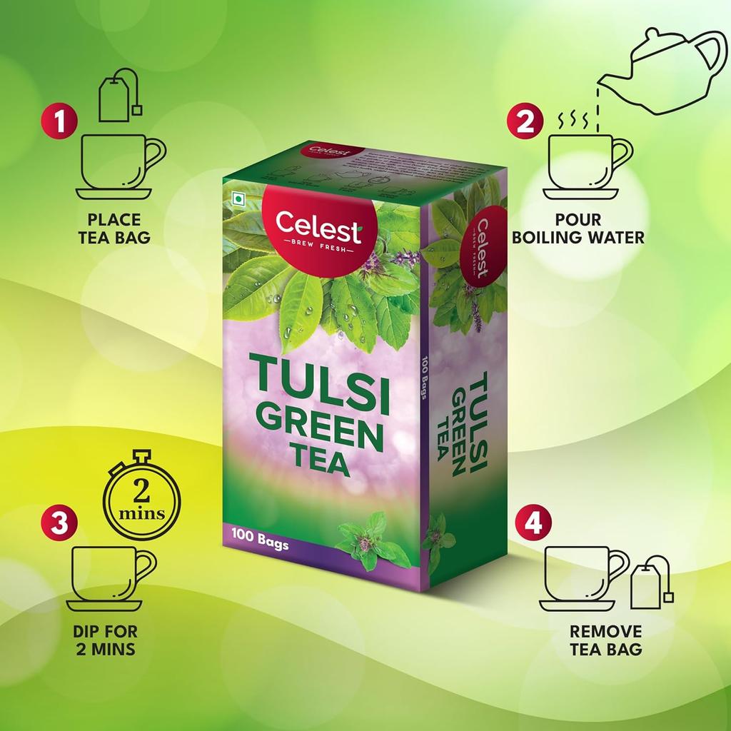 Celest Tulsi Green Tea 100 Bags | Natural Tulsi Green Tea Bags for Wellness and Detox