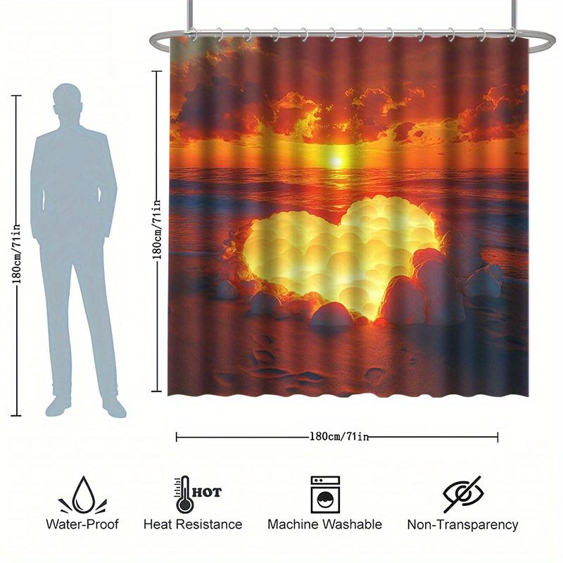 Sunset Heart Shower Curtain Set - Beach Scene, 12 Hooks, Water-Resistant Polyester, Modern Bathroom Decor