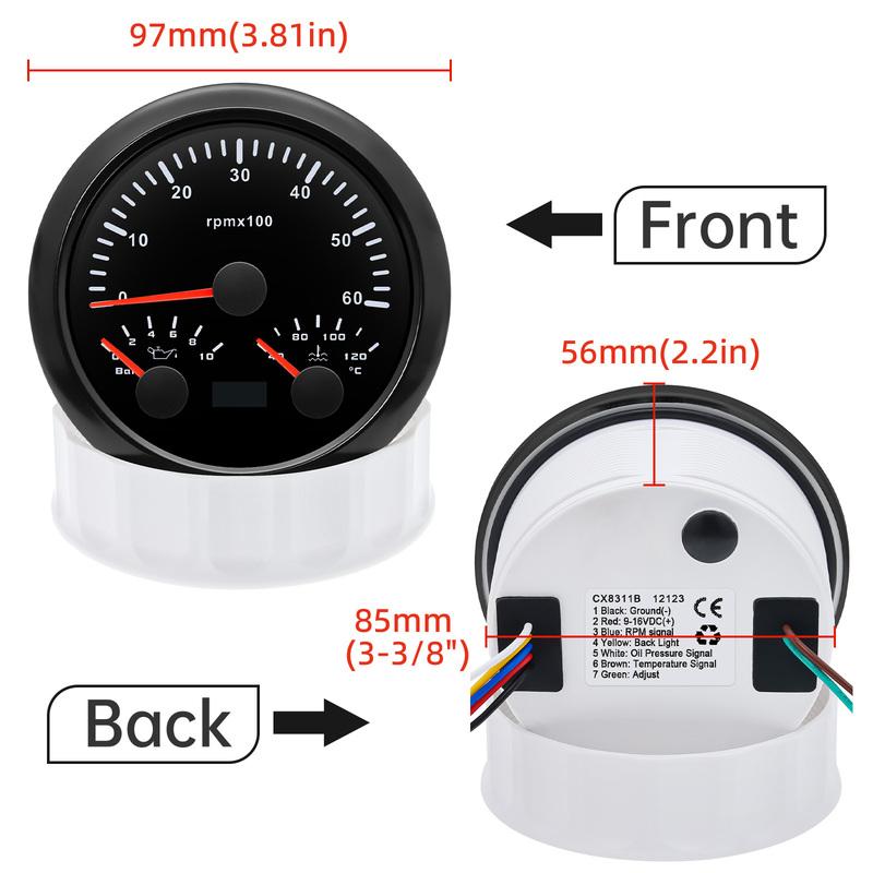 ZMFJH 3000~8000RPM 85MM Tachometer+Oil Pressure+Water Temp Gauge with Sensor 7 Color Light MultiMeter 0~10Bar for Car Boat 9-32V
