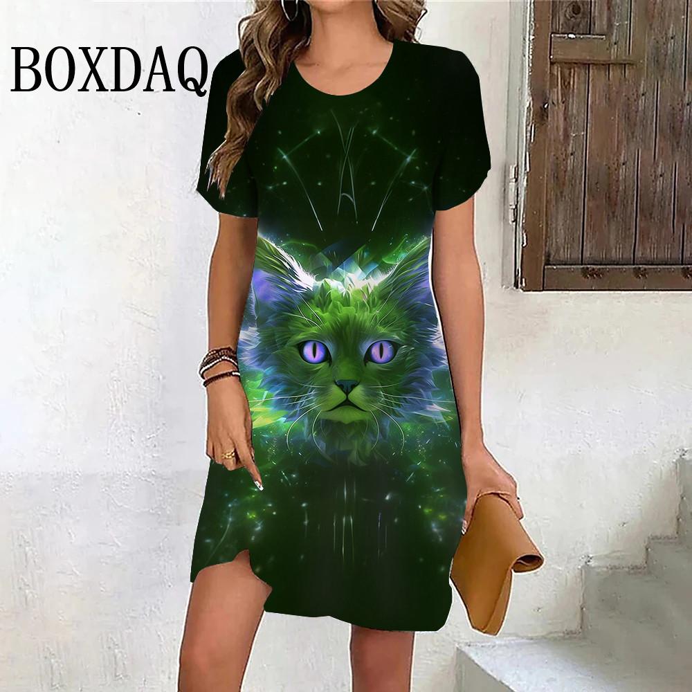 Funny Women Street Hipster Classic Gradient Cat Dress Fashion Starry Sky 3D Printed Casual Short Sleeve Ladies Mini Dress Summer