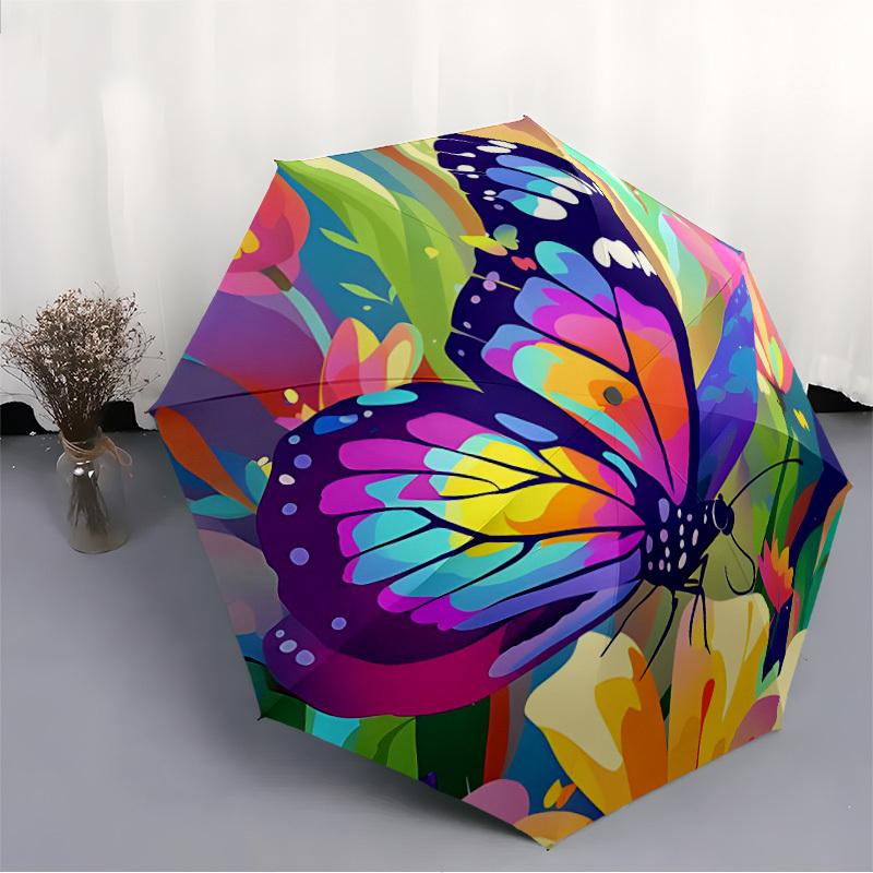 1pc Butterfly Garden Pattern Automatic Folding Umbrella - Compact 8-Rib Design, Durable Plastic & Iron, Lightweight for Outdoor Daily Use