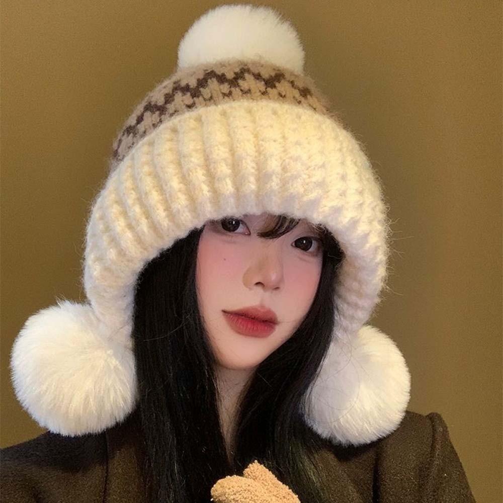 Cute Style Knit Beanie Hat Fleece Lined Winter Earflap Cap Jacquard Pullover Bonnet Students