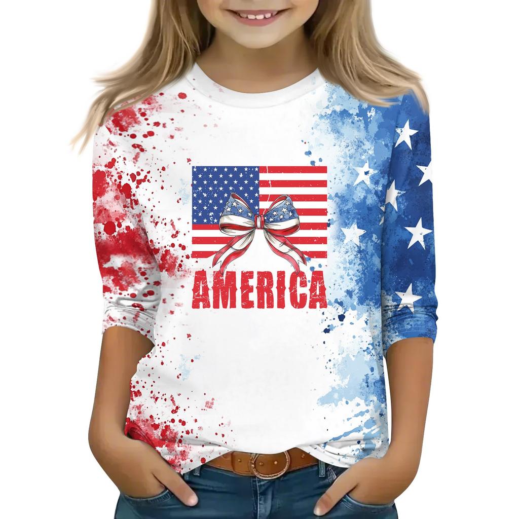Print Tops For Youth Girls 3-10 Years Round Neck 3/4 Sleeves T-Shirts Trendy Tops Outfit Tees