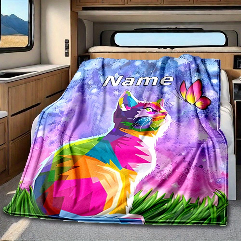 Rainbow Cat And Butterfly Blanket Personalized Name Soft Comfortable Stylish Blanket Car Blanket Perfect For Travel Camping Outdoor Home Suitable For