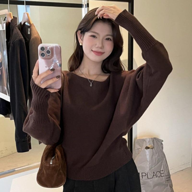 Toamnă Iarnă Solid Casual Modă Pulover cu Bază Femei Umeri Goi Mânecă Aripă de Liliac Tricotat Pulover Top