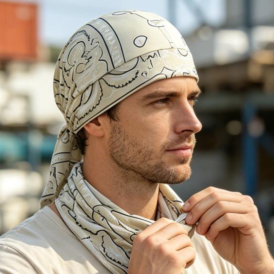Chapéu Turban com Tiras Longas Ajustáveis Padrão Clássico de Castanha Tecido Macio Respirável Absorvente de Suor Chapéu Lenço de Cabeça