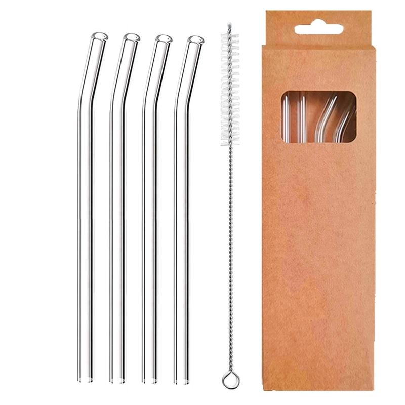 4 Pcs Reusable Glass Straws 8mm Straight Bent Glass Drinking Straws Eco Friendly Cocktail Straws for Beverages Milk Coffee