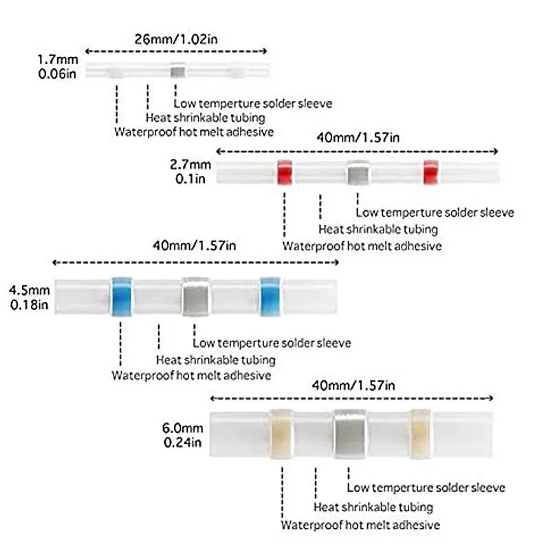 100pcs Waterproof Heat Shrink Wire Connectors Solder Sleeve Butt Insulated Electrical Cable Terminal Solder Connector Kits