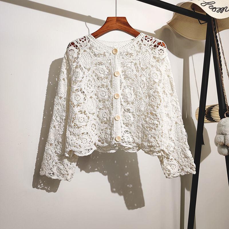 Lace Small Shawl Cardigan Female Spring Summer O Neck Long Sleeve Solid Casual Versatile Hollow Cardigan Female