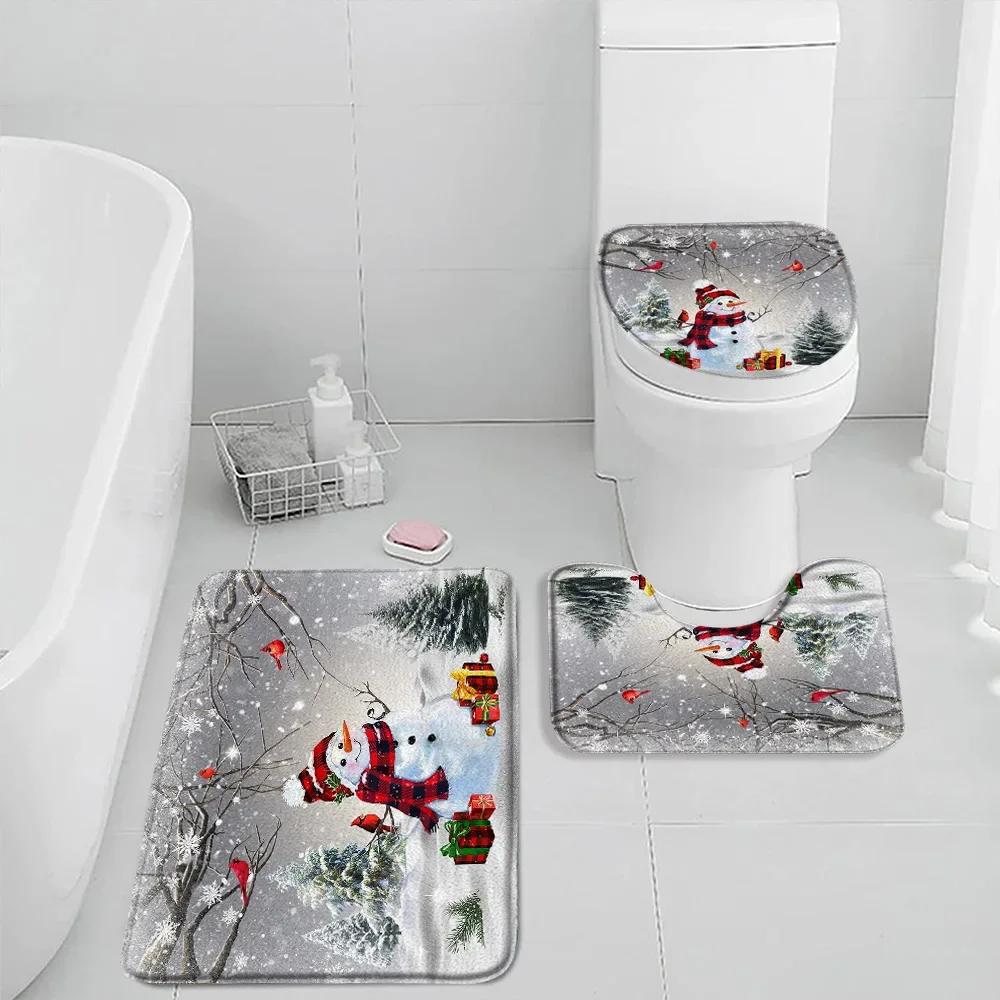 Winter Weihnachten Duschvorhang Set Niedlicher Schneemann Rote Vögel Geschenke Wald Zeder Neujahr Xmas Badezimmer Deko Duschvorleger Toilettensitzbezug