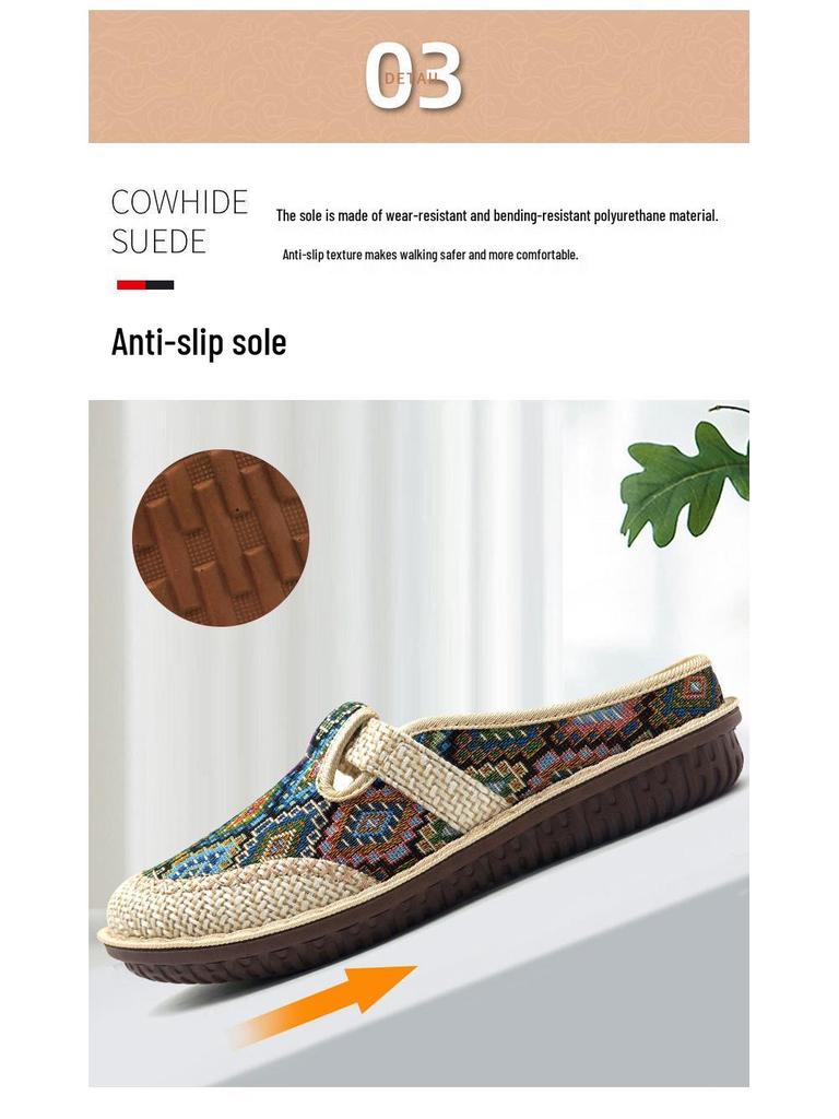 Women's Ethnic Flat Slippers - Summer Cotton Linen Embroidered Soft Sole Shoes