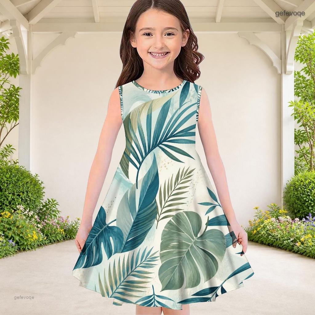 Girls Round Neck Sleeveless Tropical Leaf Printed A Line Flared Dress